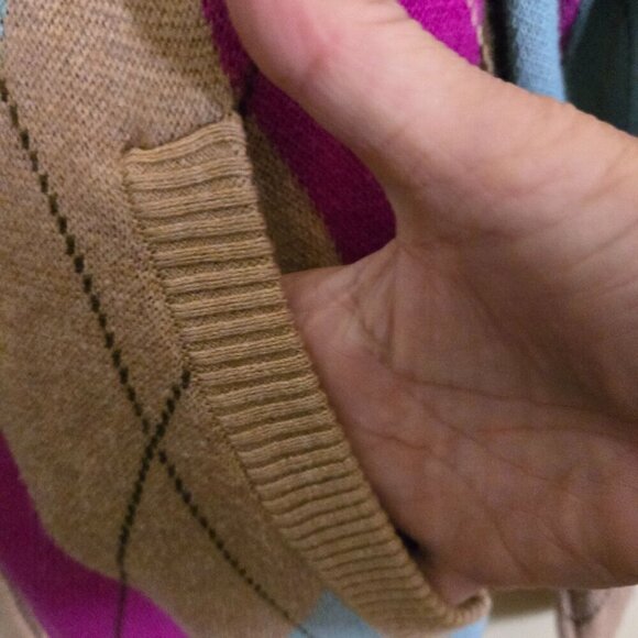 Charter Club Hooded Argyle Cardigan Sweater Tan Turquoise Pink Brown Size L - Picture 6 of 8